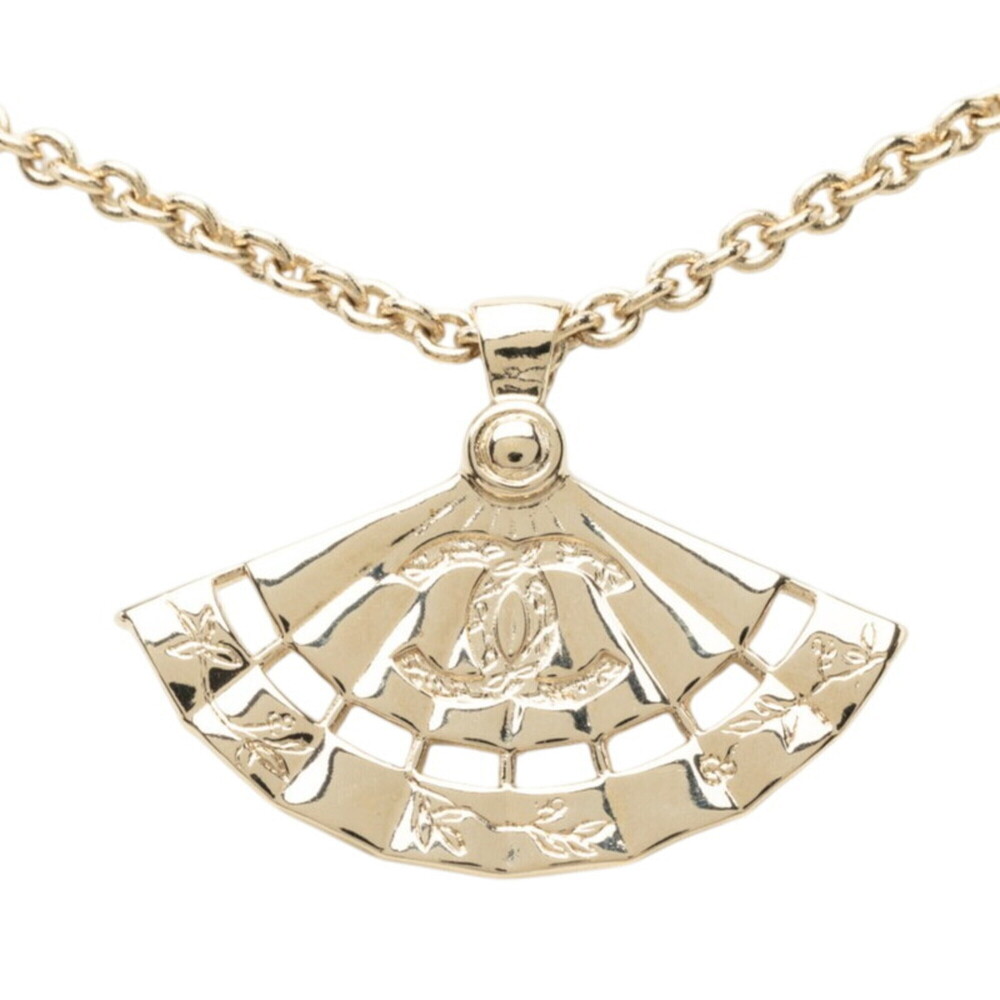 Chanel Coco Mark Fan Motif Chain Necklace Pendant Top Silver Metal Faux Pearl...